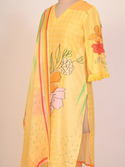 Yellow Cotton Floral Print Kurti Set